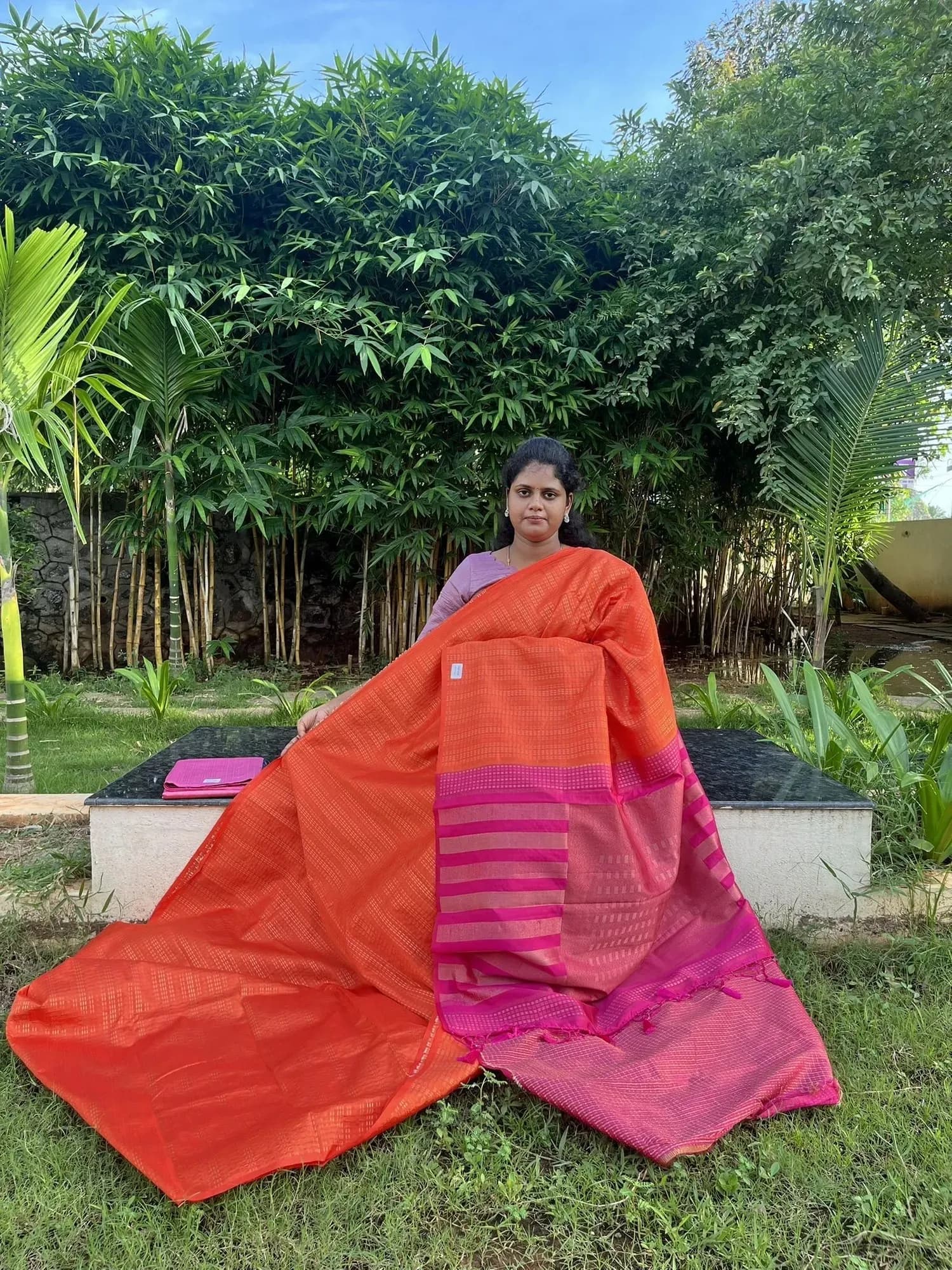 uppada silk with zari lines(ORANGE WITH PINK) - Image 1