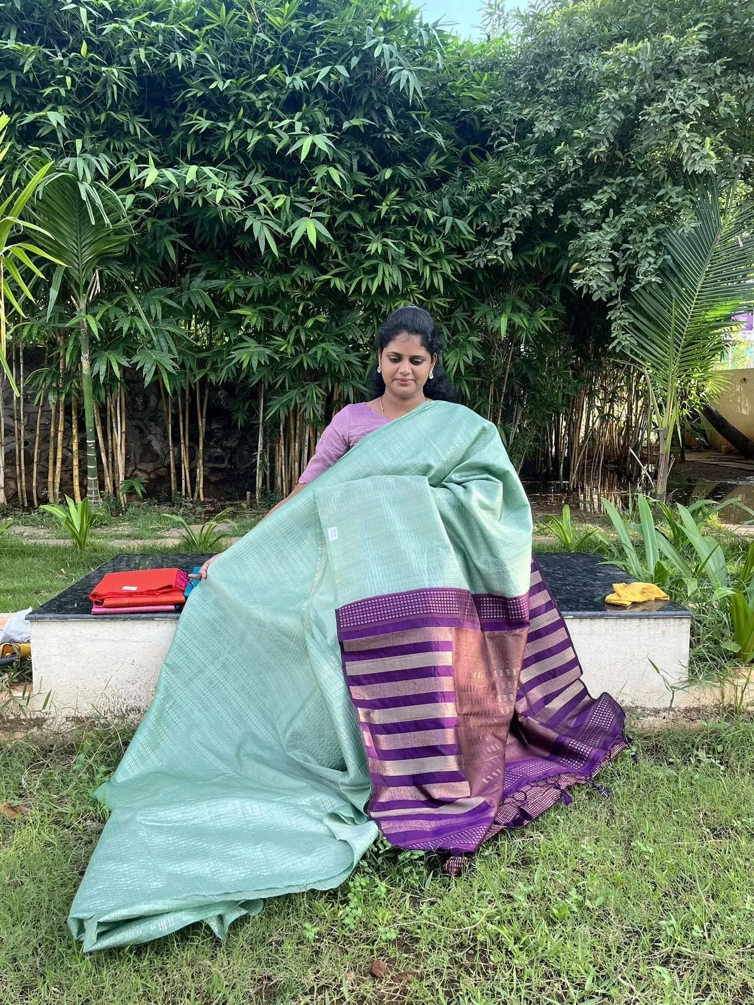 uppada silk with zari lines(ICE BLUE WITH PURPLE) - Image 1