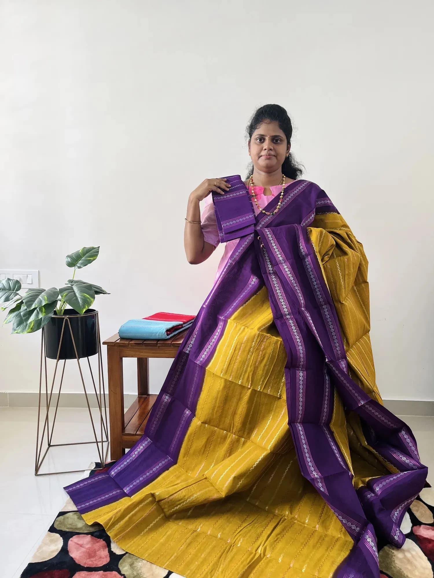 Sungadi cotton(MUSTARD WITH PURPLE) - Image 4