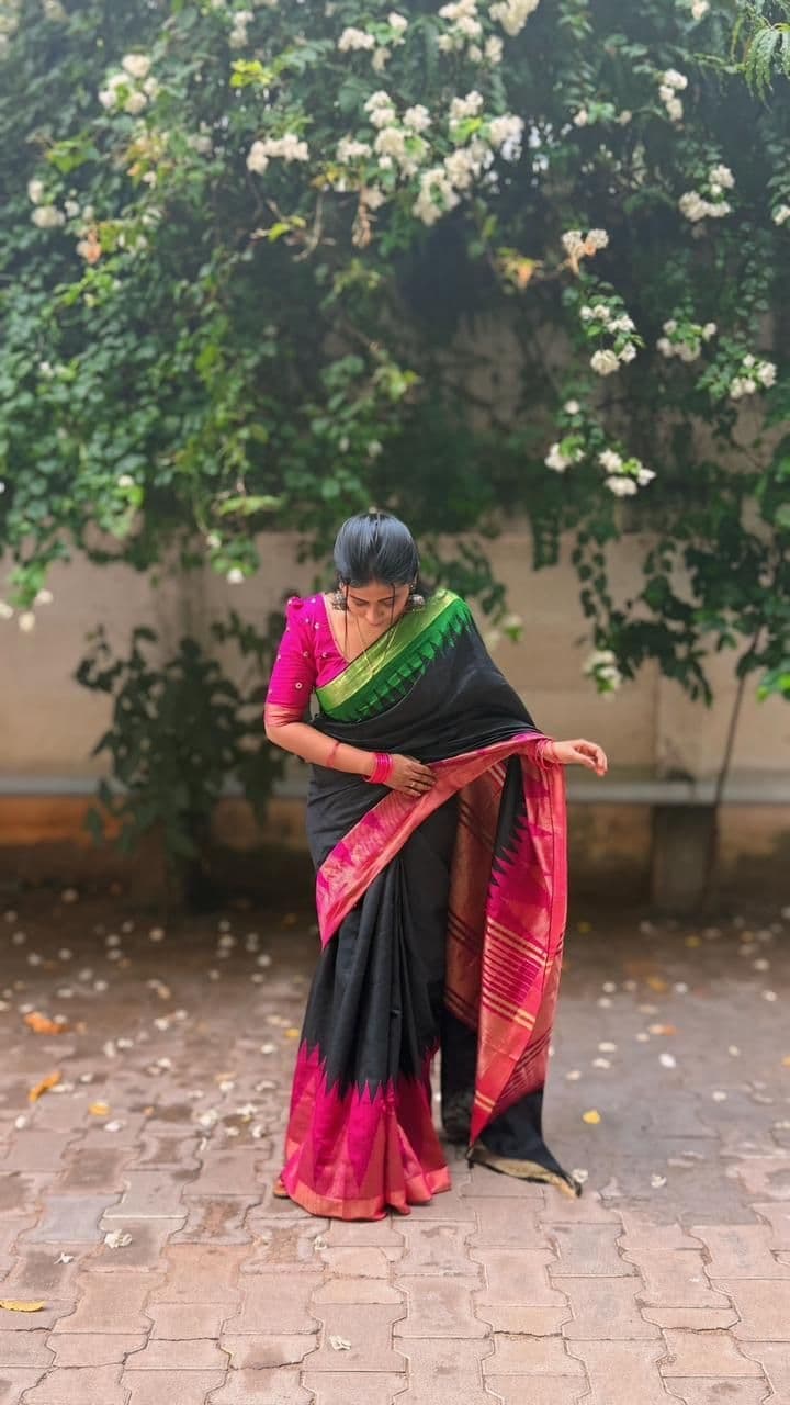 Pure Rawsilk(BLACK WITH GREEN&PINK BORDER) - Image 1
