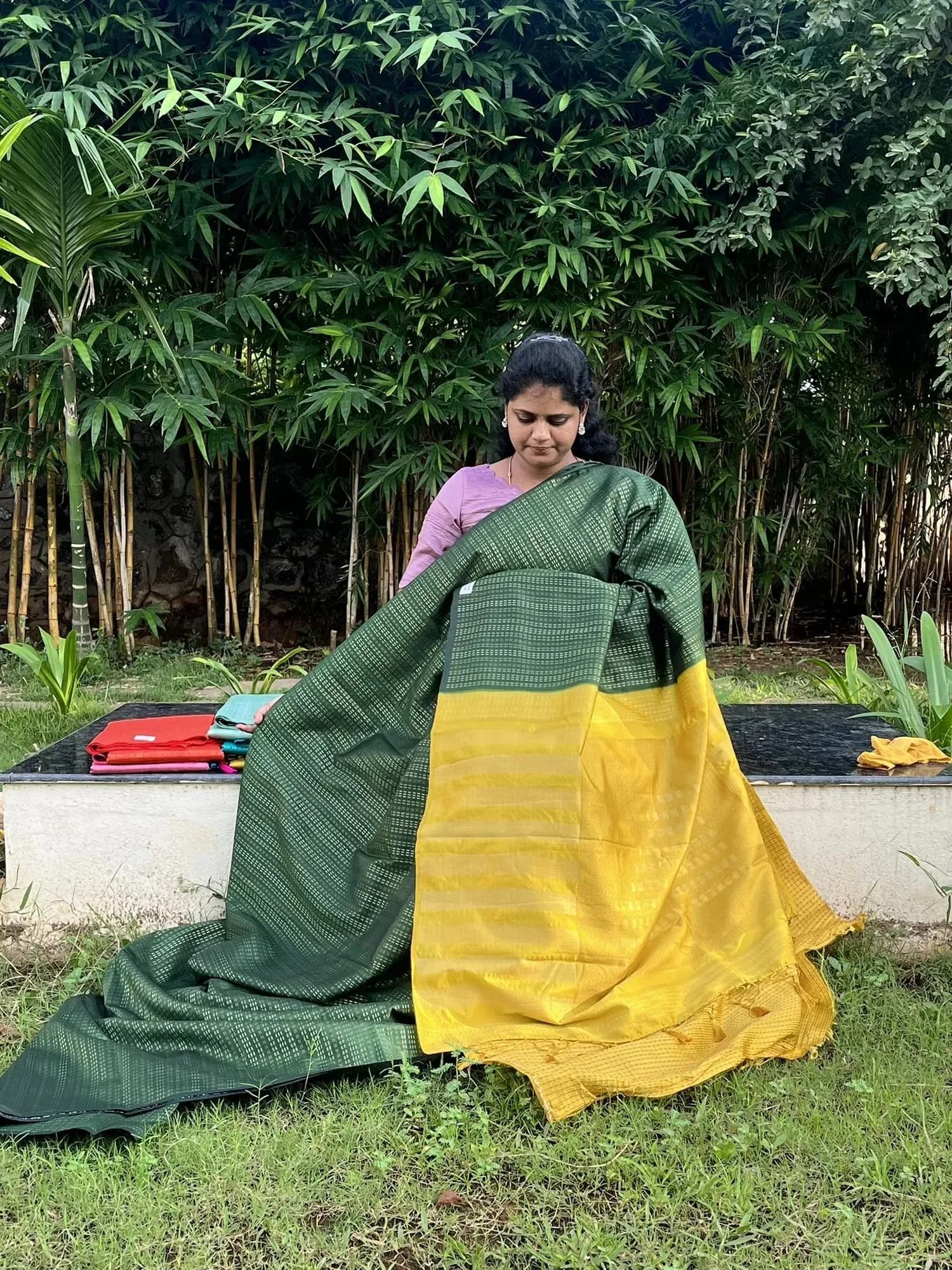 uppada silk with zari lines(BOTTLE GREEN WITH MUSTARD) - Image 1