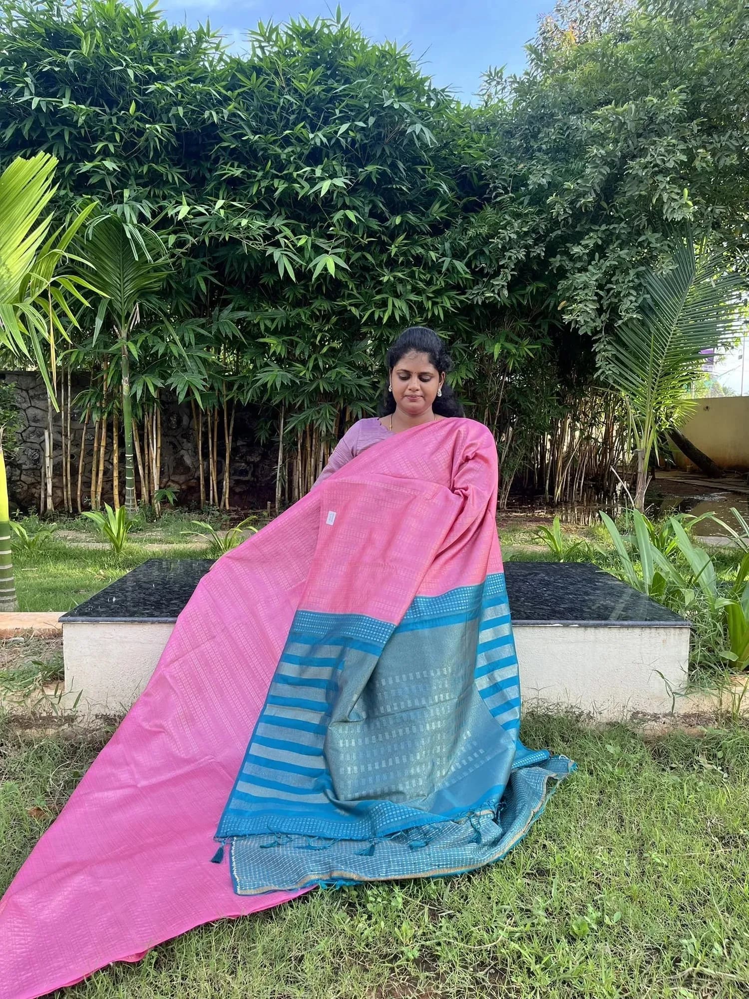 uppada silk with zari lines(BABY PINK WITH BLUE) - Image 1