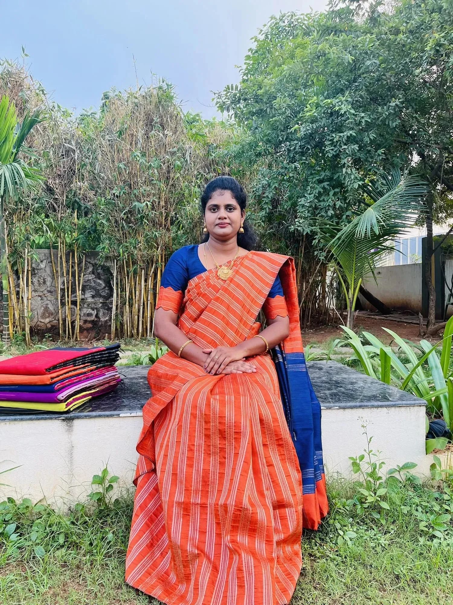 borderless saree with Zari lines(orange with blue) - Image 1