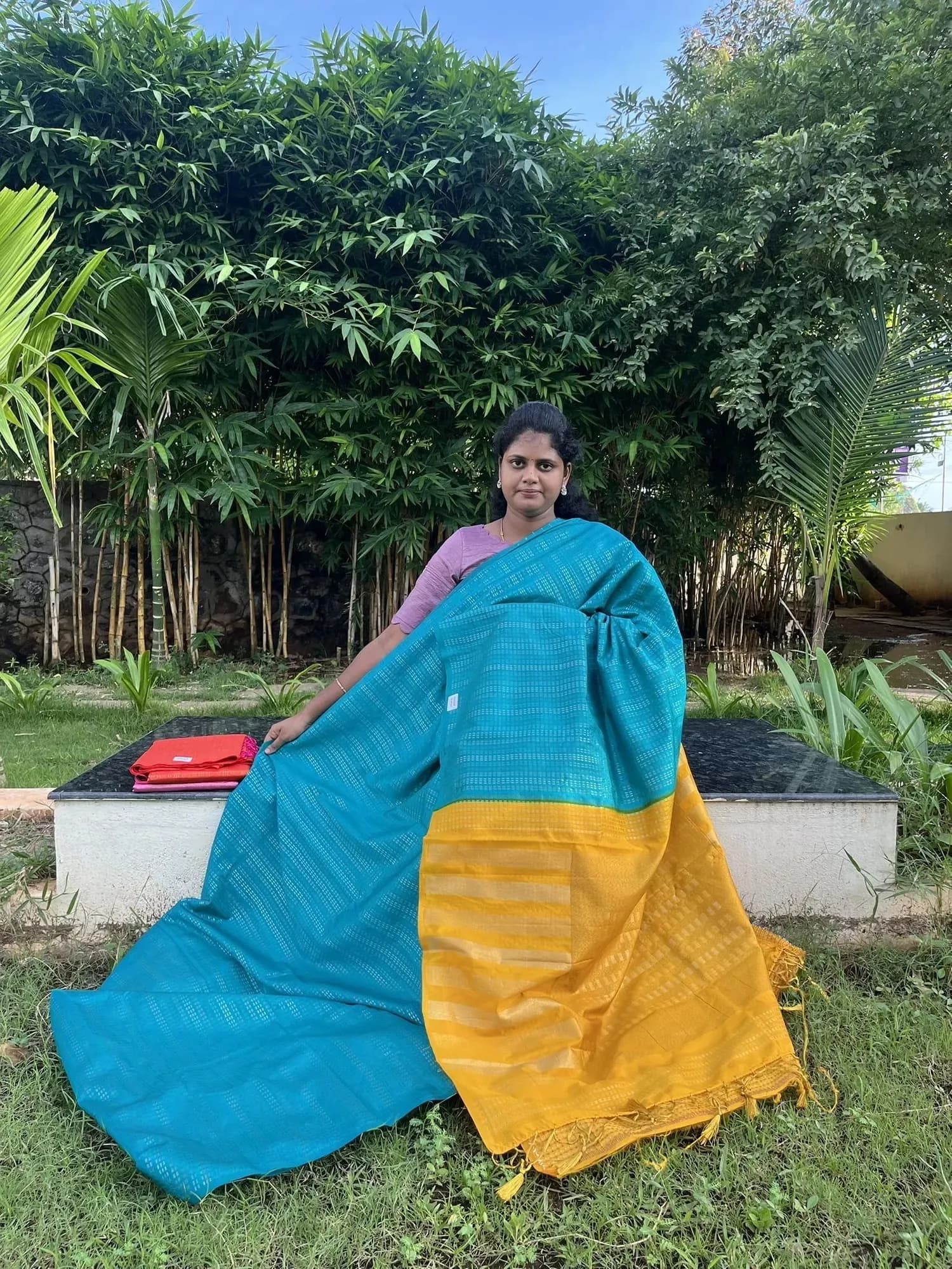 uppada silk with zari lines(RAMABLUE WITH MUSTARD) - Image 1